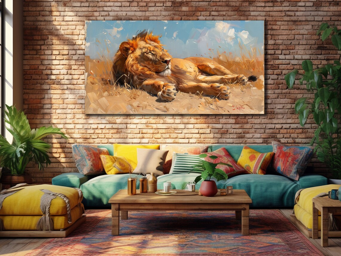 Lion Resting In Golden Savanna Grass Warm Wildlife Oil Painting