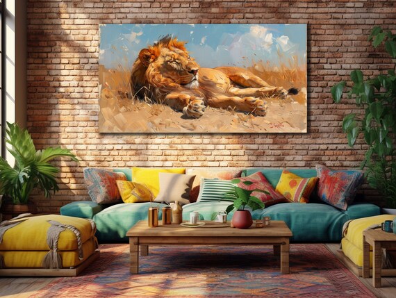 Lion Resting In Golden Savanna Grass Warm Wildlife Oil Painting