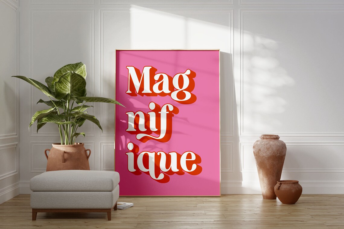 Magnifique Retro Pink French Word Pop Art Typography Wall Poster
