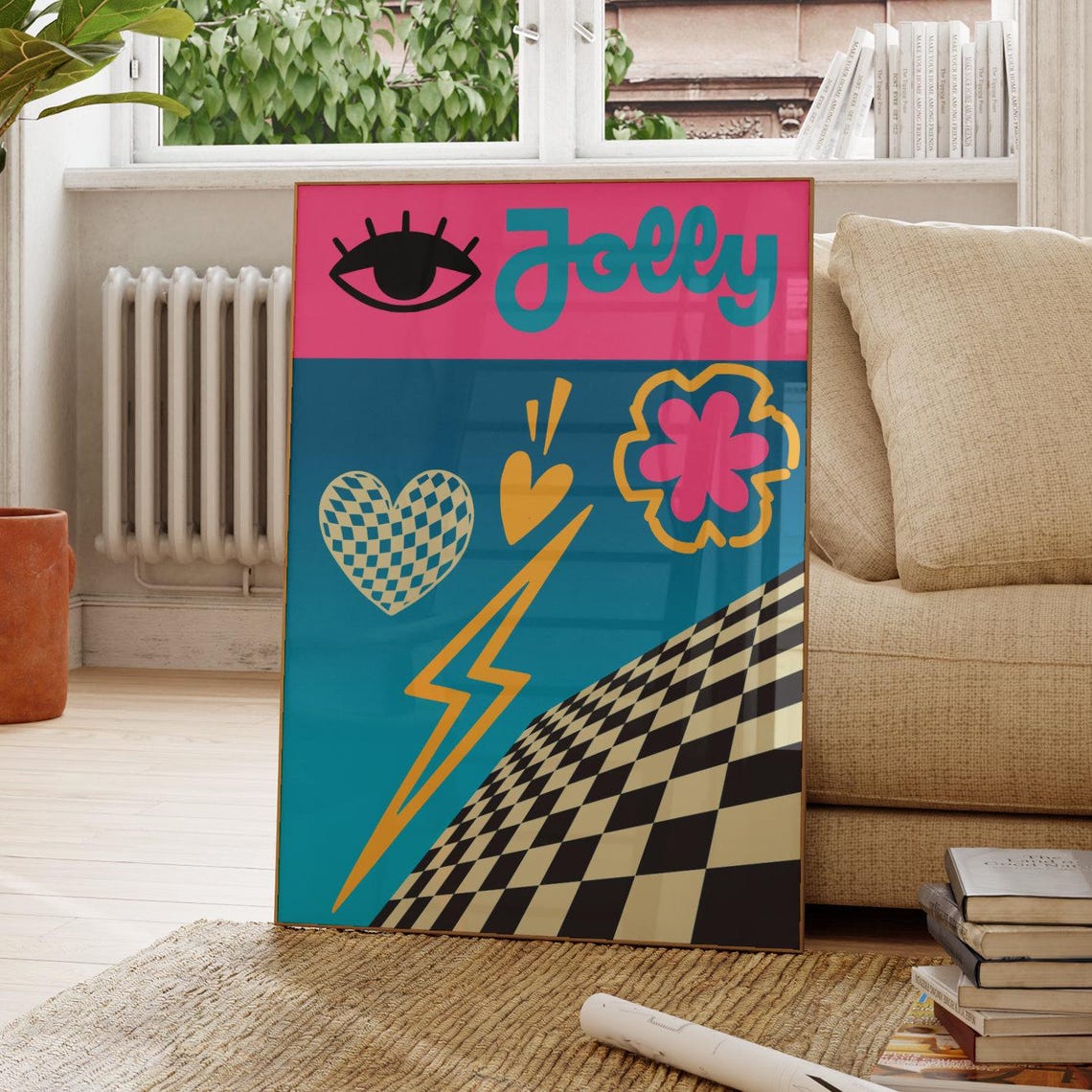Jolly Retro Typography Poster Groovy Eye Heart Lightning Checkerboard