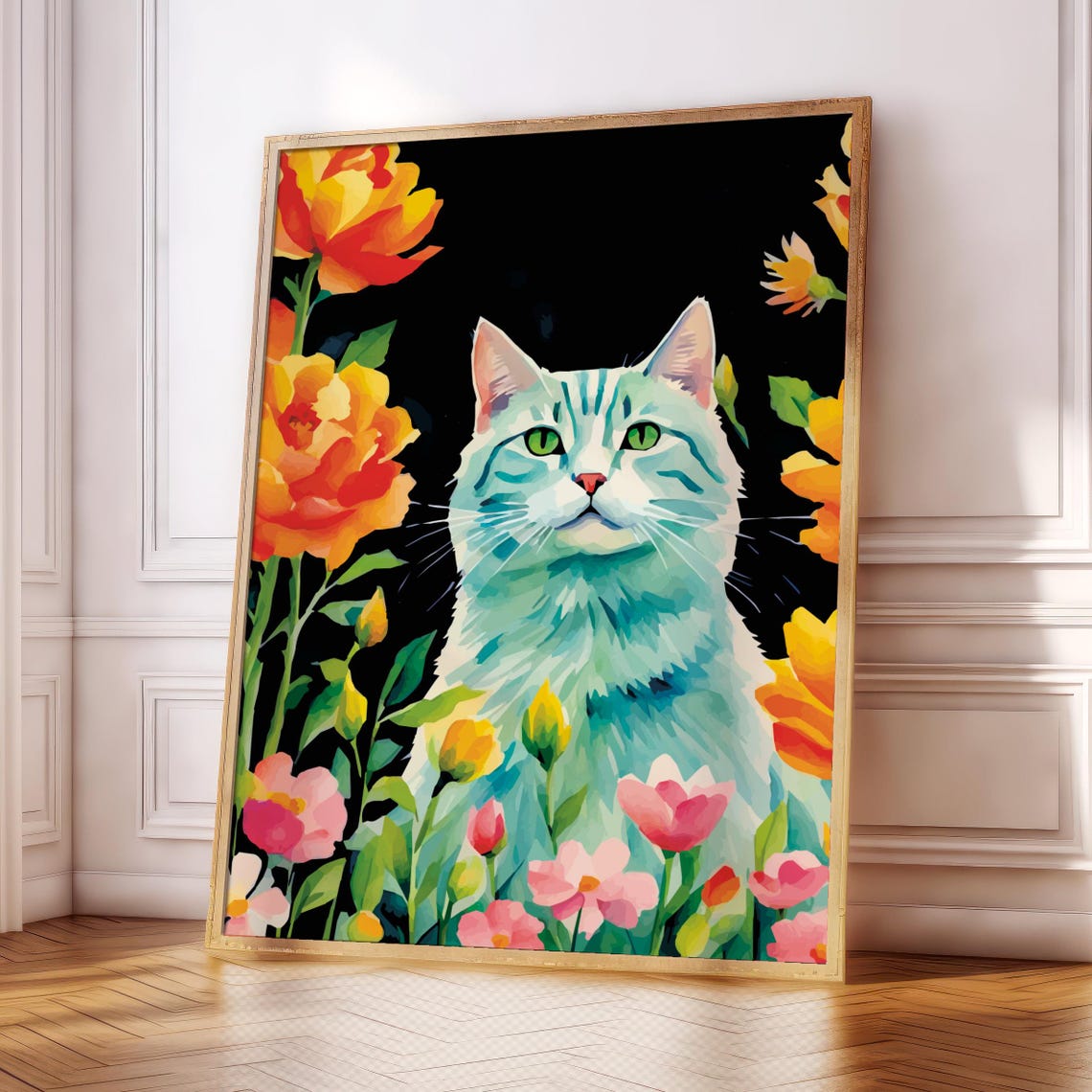 White Cat Floral Garden Pink Tulips Black Background Animal Wall Art