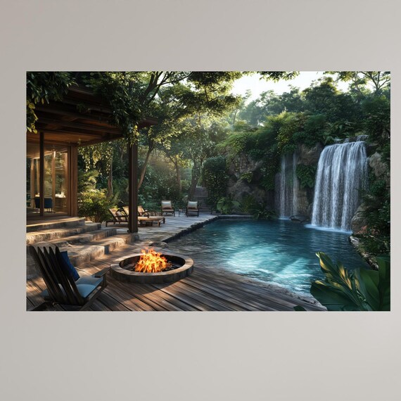 Luxury Forest Retreat With Waterfall And Fire Pit Art Print Tranquil Jungle Oasis Decor Modern Tropical Escape Sanctuary