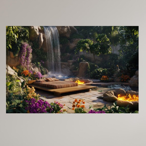 Tropical Garden Retreat With Waterfall And Fire Pit Relaxing Nature Oasis Wall Art Exotic Jungle Decor For Home Or Spa