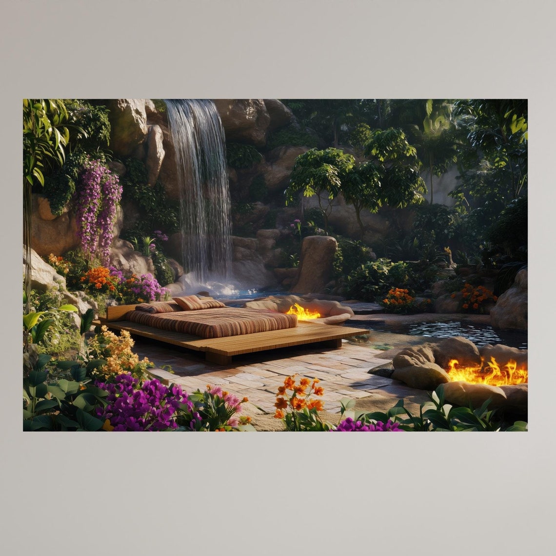 Jungle Garden Retreat Waterfall Pool Daybed Fire Pits Flowers Poster