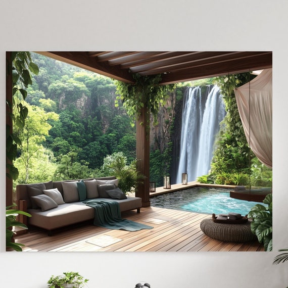 Tropical Jungle Villa With Waterfall View Art Luxury Nature Inspired Wall Art Peaceful Zen Retreat Decor Paradise