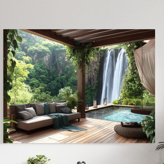 Tropical Villa Terrace Waterfall Pool Pergola Daybed Lounge Poster