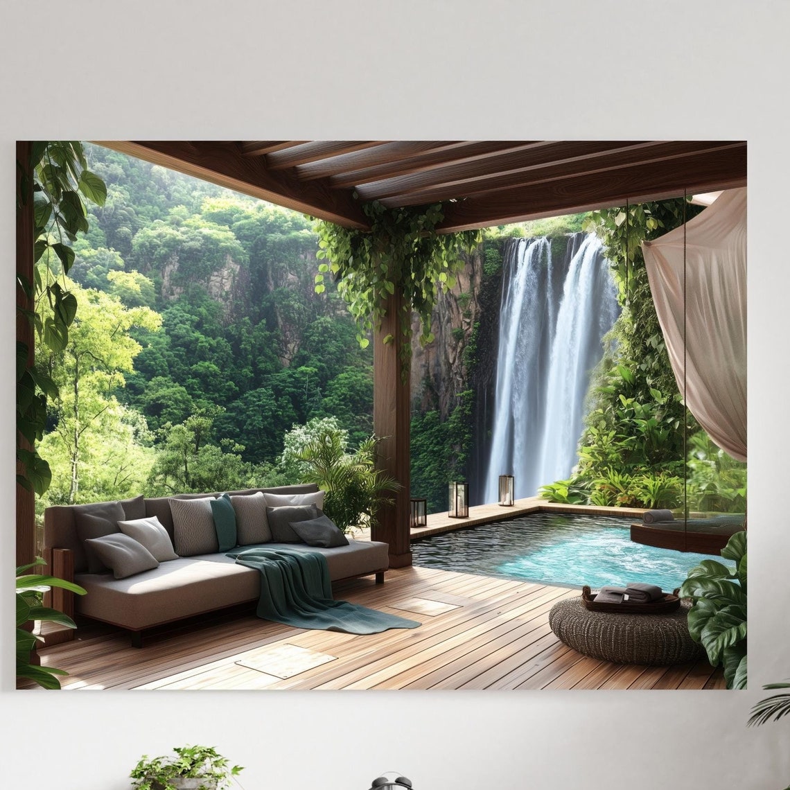 Tropical Villa Terrace Waterfall Pool Pergola Daybed Lounge Poster