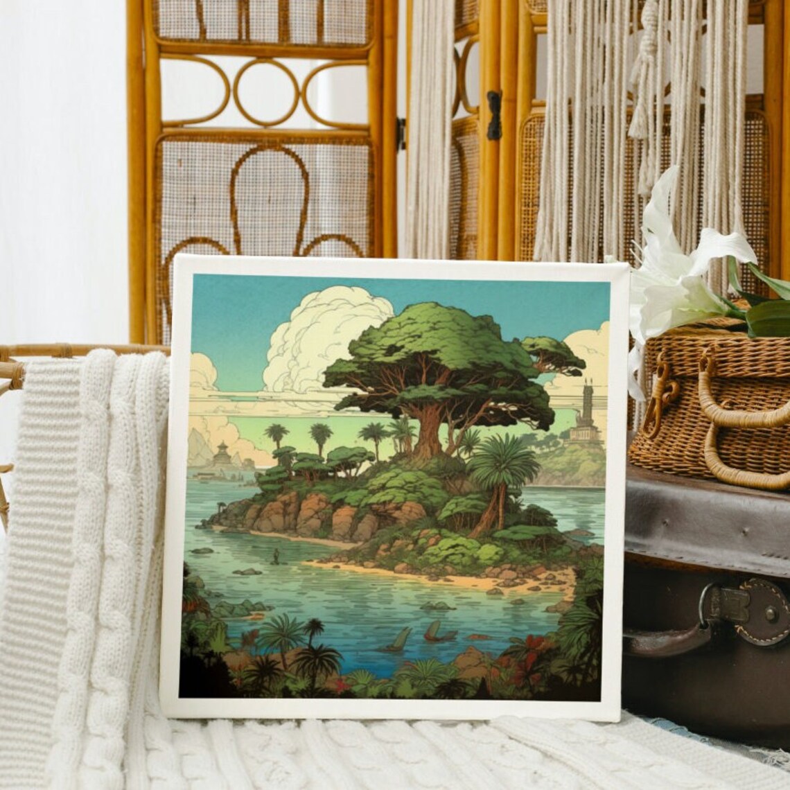 Illustrated Tropical Island Giant Tree Lighthouse Vintage Art Poster - Image 4