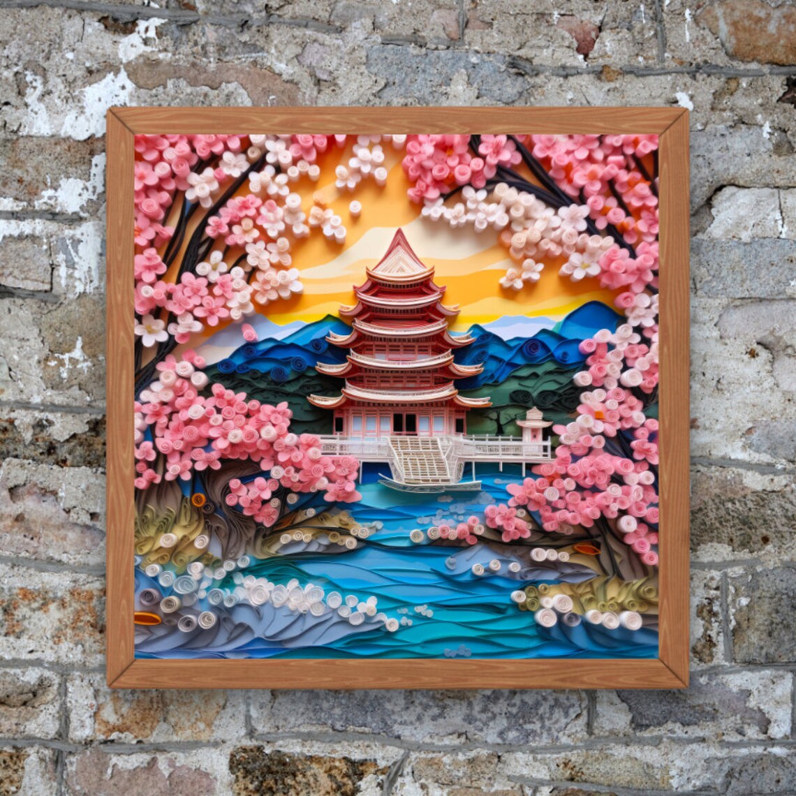 Quilled Paper Japanese Pagoda Cherry Blossoms Lake Scene Poster - Image 3
