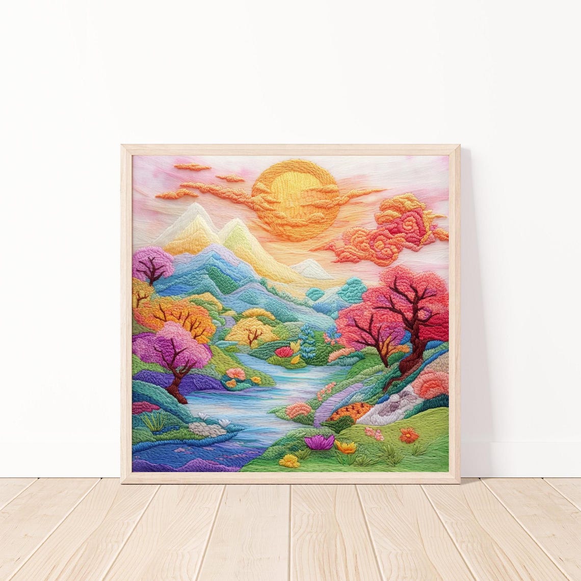 Embroidered Sunrise Mountains Landscape Textured Thread Art Poster
