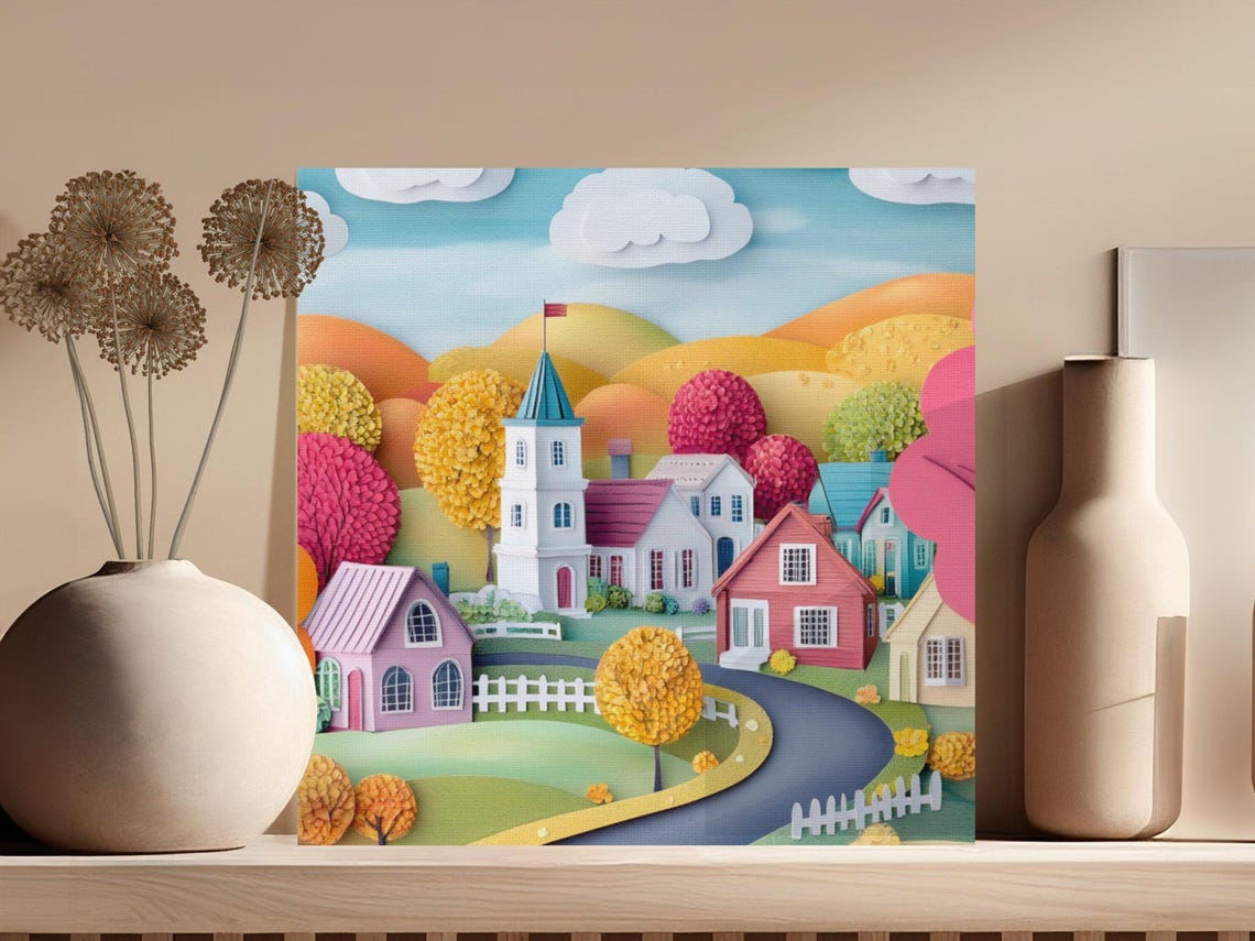 Paper Cut Autumn Village With White Church and Fall Trees Poster - Image 3