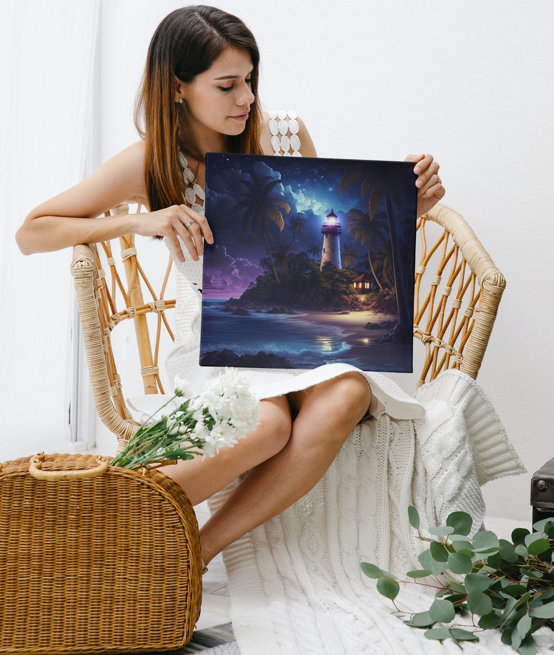 Night Lighthouse Tropical Island Starry Sky Glowing Beacon Art Poster - Image 5