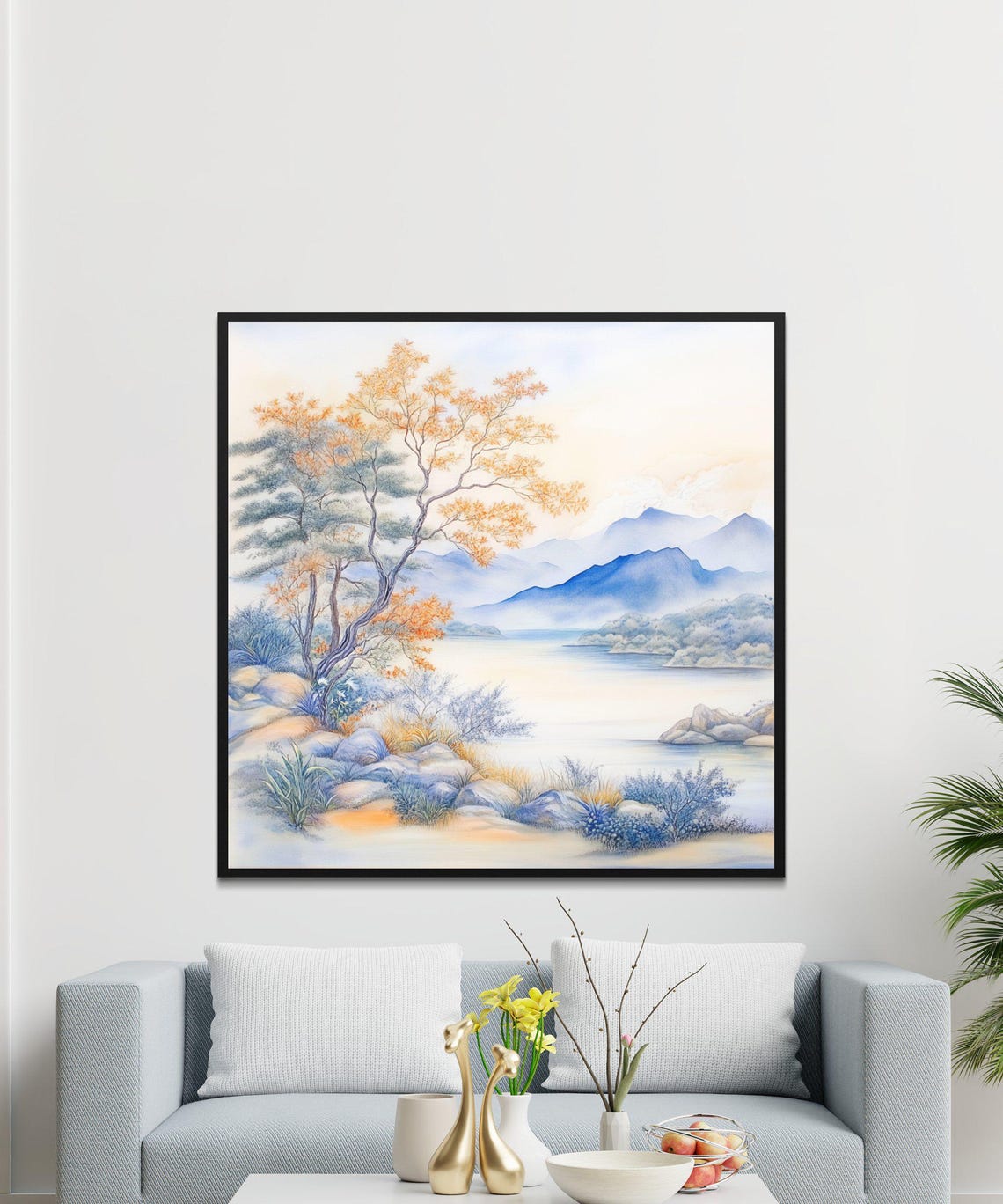 Serene Blue Mountain Landscape Golden Tree Rocky Shore Calm Art Poster - Image 3
