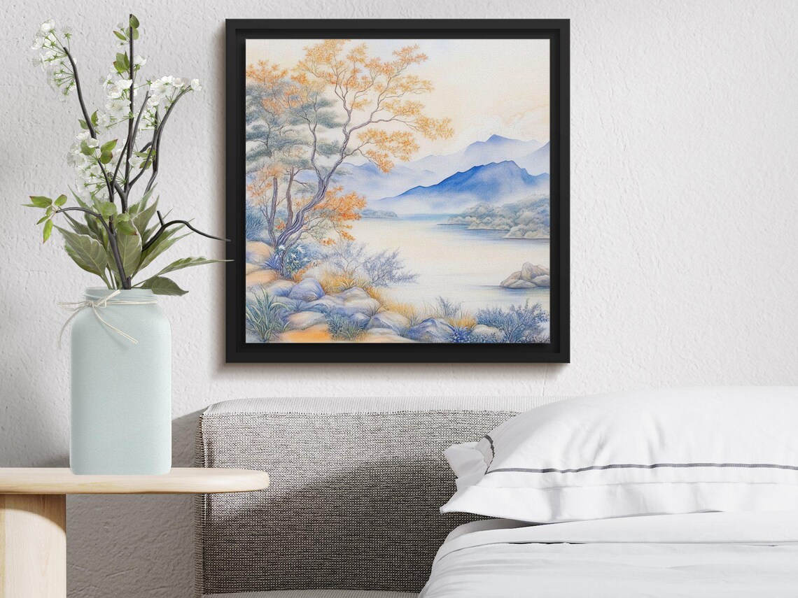 Serene Blue Mountain Landscape Golden Tree Rocky Shore Calm Art Poster - Image 2