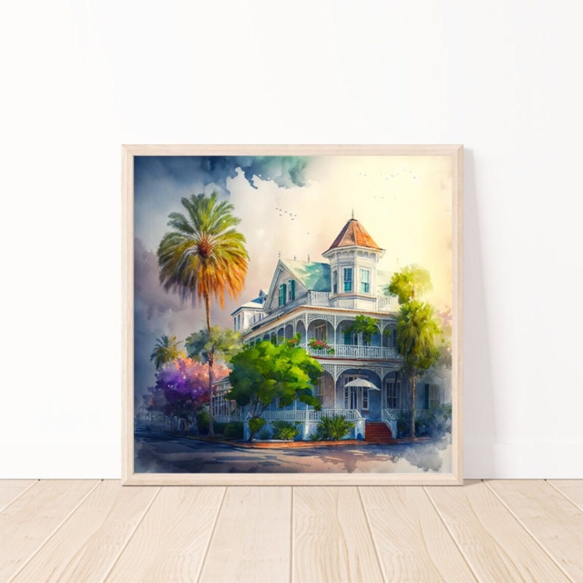 Watercolor Victorian Mansion With Palm Trees Southern Charm Poster