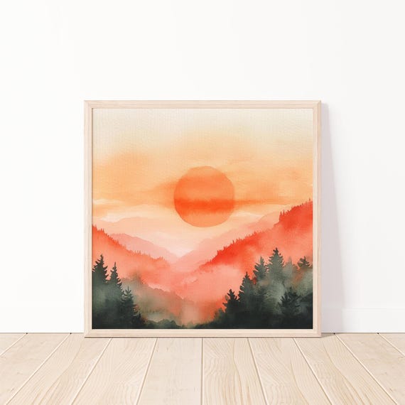 Watercolor Sunset Print Mountain Landscape Art Wall Decor Nature Artwork Minimalist Home 20x20