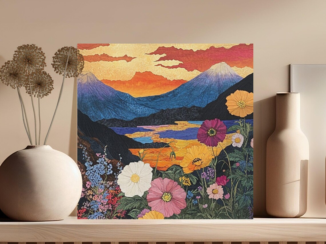 Mount Fuji Sunset With Wildflowers in Japanese Painting Style Poster - Image 3