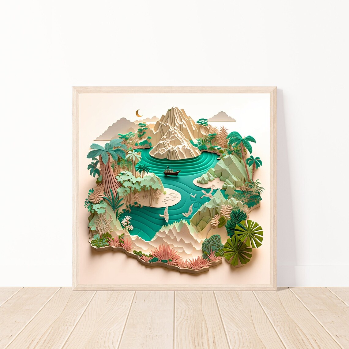 Tropical Island Paper Quilling Scene with Boat at Sunset Poster