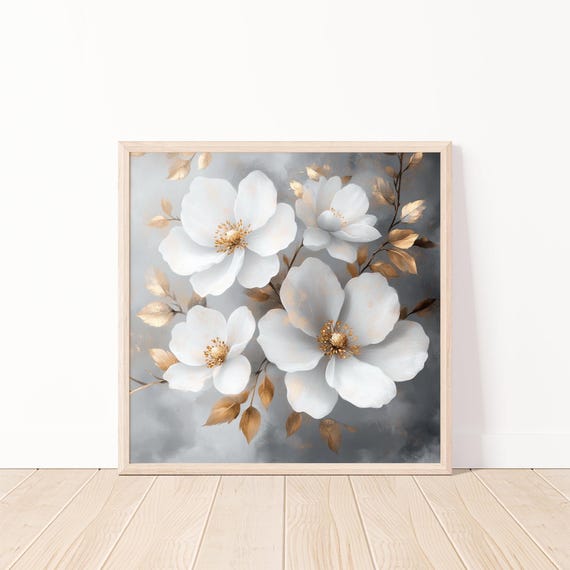 Floral Wall Art Printwhite Flower Postergold Leaf Botanical Artworknature Inspired Decorationprintable Artnature Lover Gift20x20