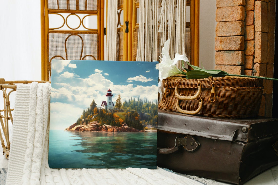 Red Lighthouse Forested Island Rocky Point Coastal Scene Art Poster - Image 4