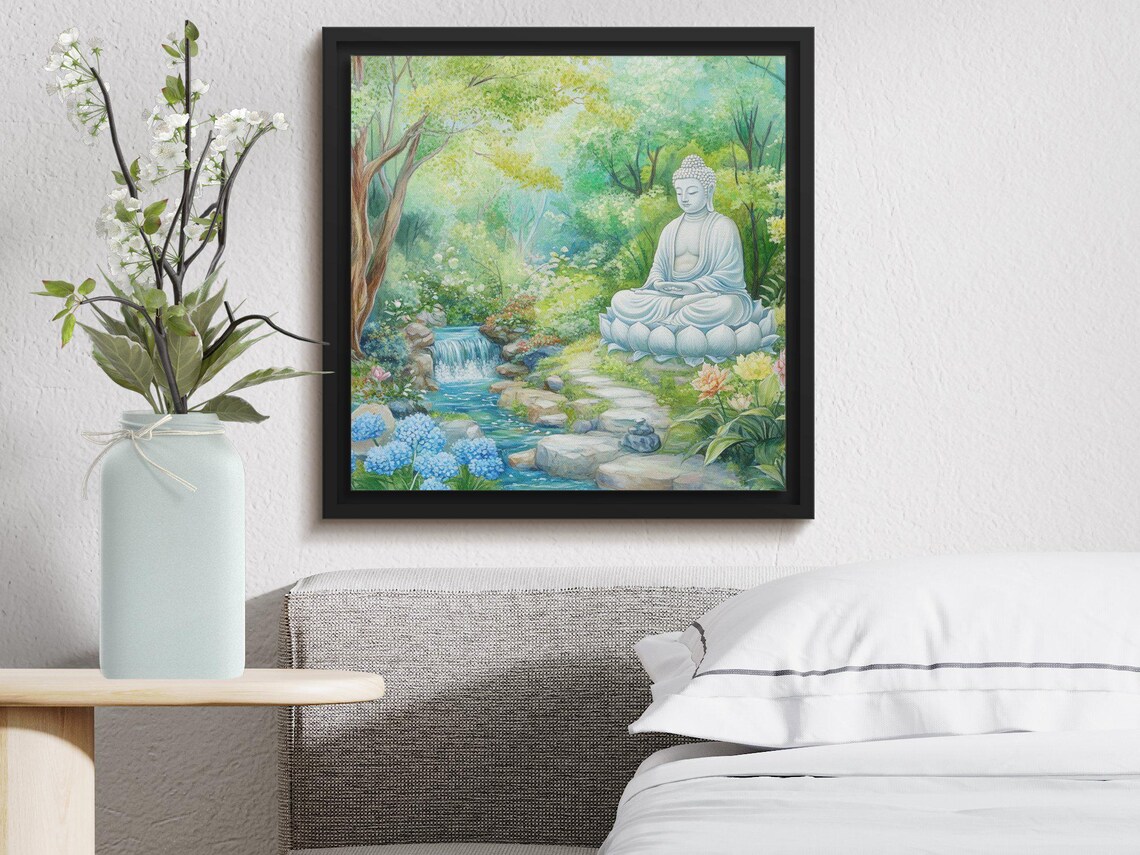 White Buddha Statue Lush Garden Waterfall Peaceful Meditation Art Poster - Image 2