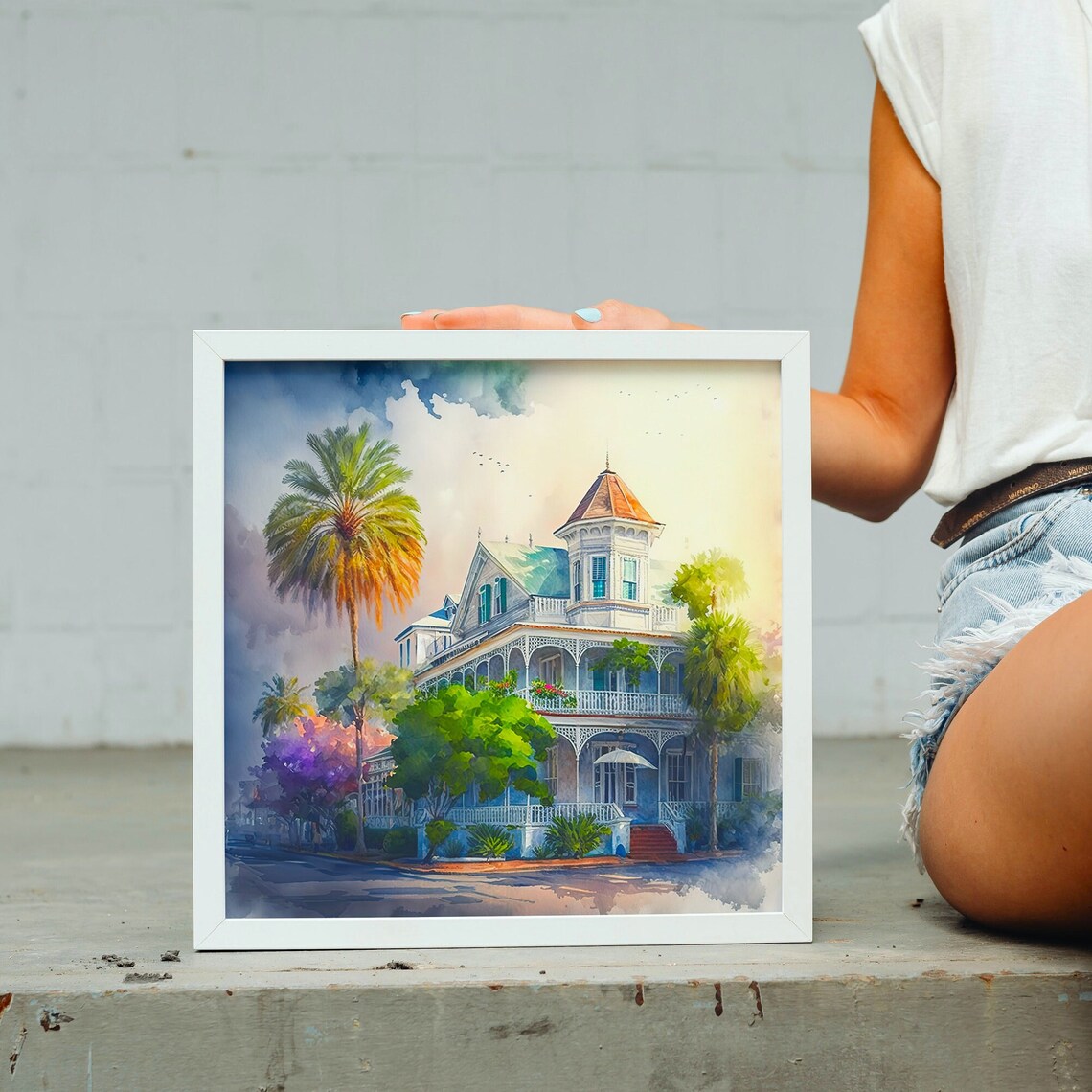 Watercolor Victorian Mansion With Palm Trees Southern Charm Poster - Image 2