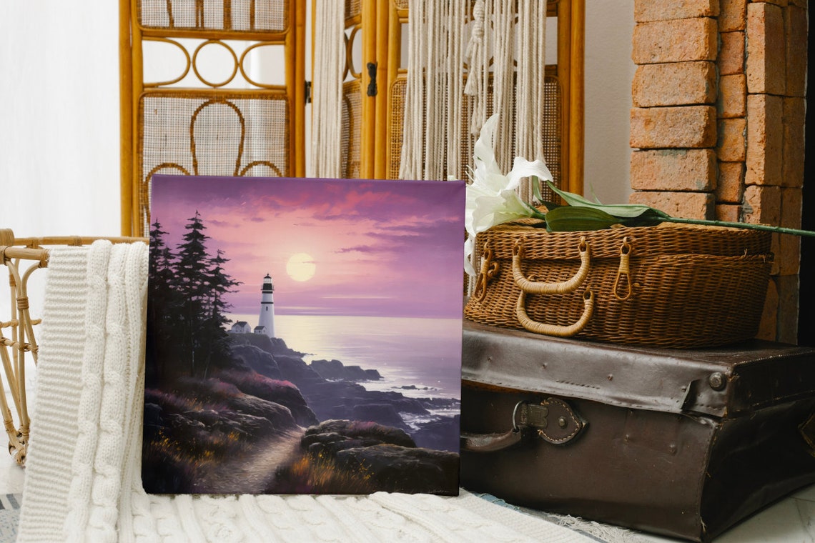 Coastal Lighthouse Sunset Rocky Shore Purple Dusk Seascape Art Poster - Image 4