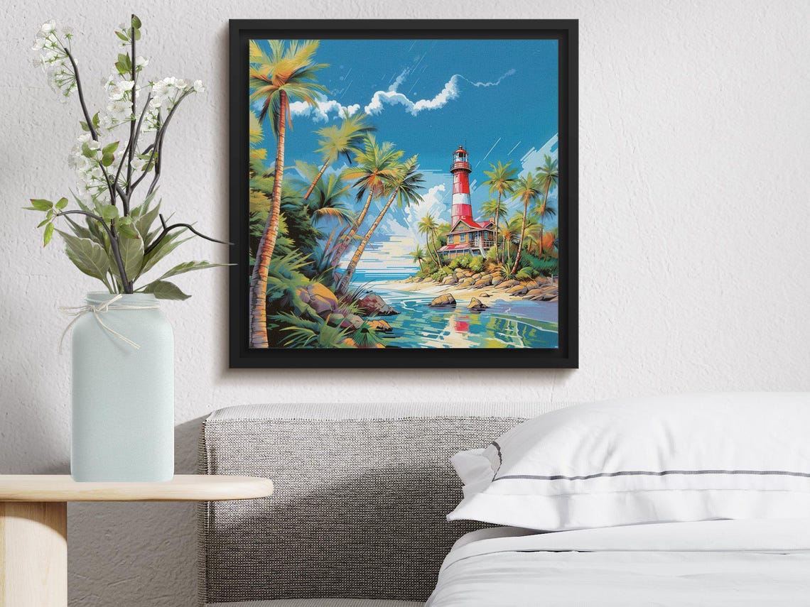 Retro Tropical Lighthouse With Palm Trees on a Sunny Coast Poster - Image 4