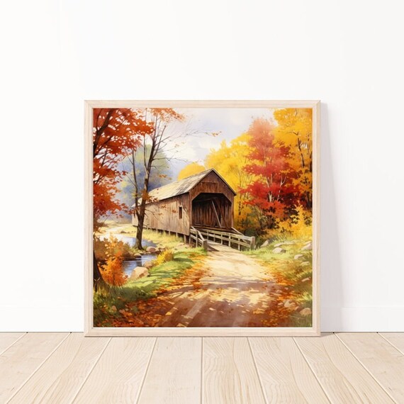 Covered Bridge Autumn Fall Foliage Country Stream Art Poster