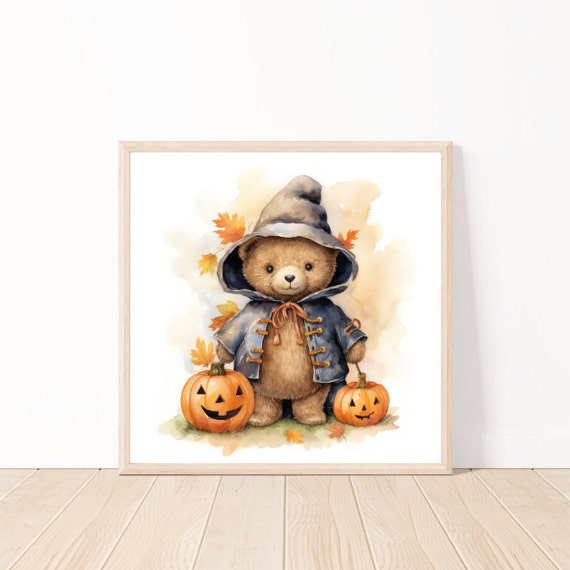 Cute Watercolor Autumn Teddy Bear Wall Art Kids Room Print Kid Friendly Halloween Art Kids Or Nursery Teddy Bear