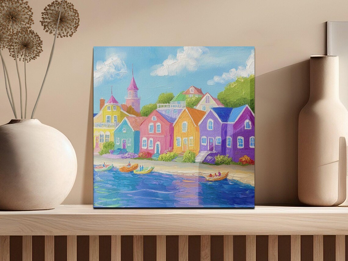 Colorful Coastal Village Rainbow Houses Harbor Boats Oil Painting Poster - Image 2