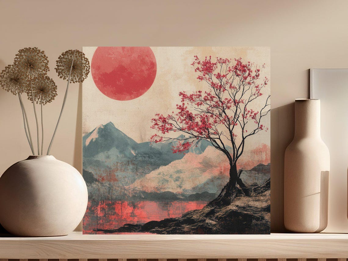 Japanese Red Sun Cherry Blossom Tree Minimalist Painting Poster - Image 3