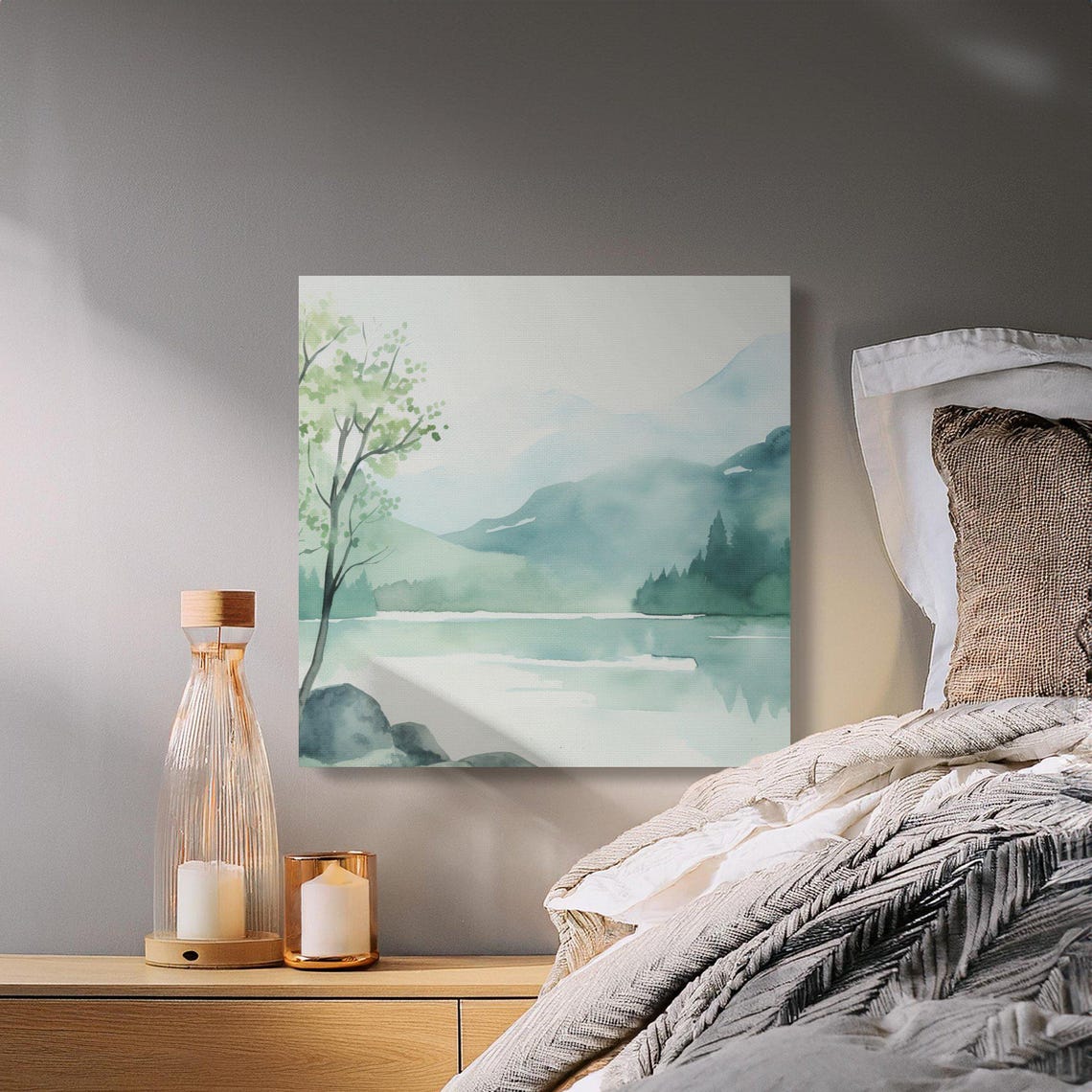 Misty Green Lake Watercolor With Birch Trees and Mountains Poster - Image 4