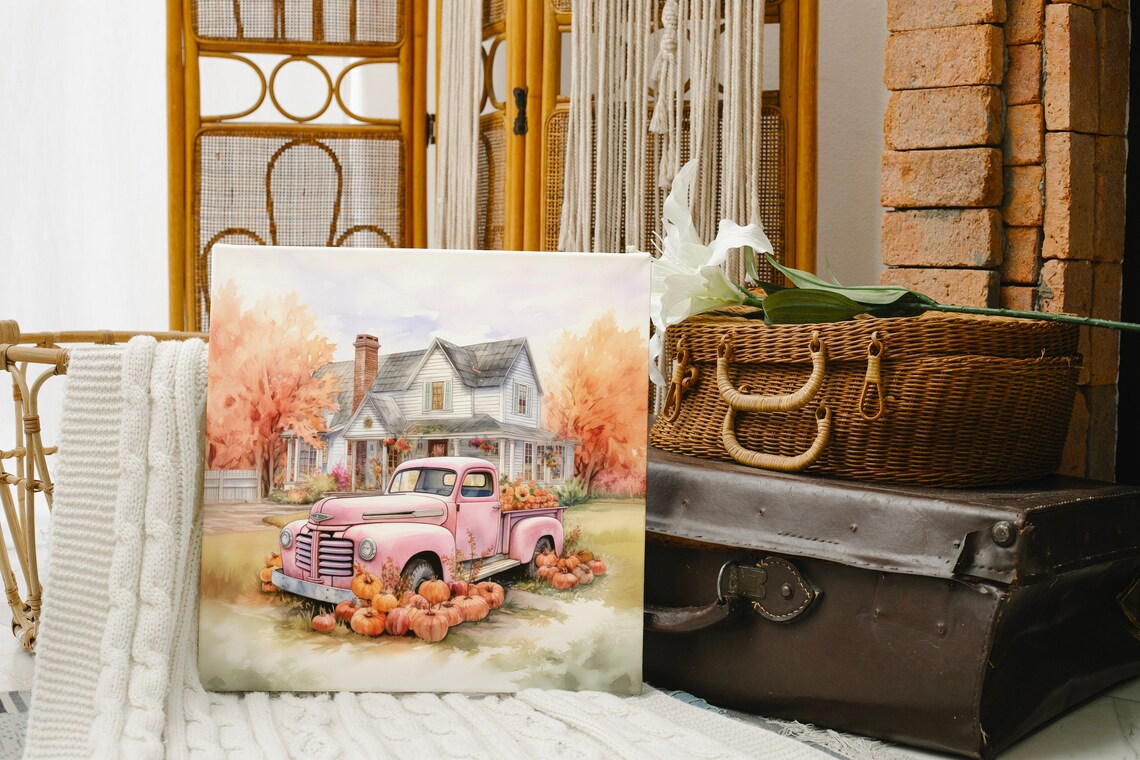 Pink Vintage Truck Loaded With Pumpkins at Farmhouse Autumn Poster - Image 4