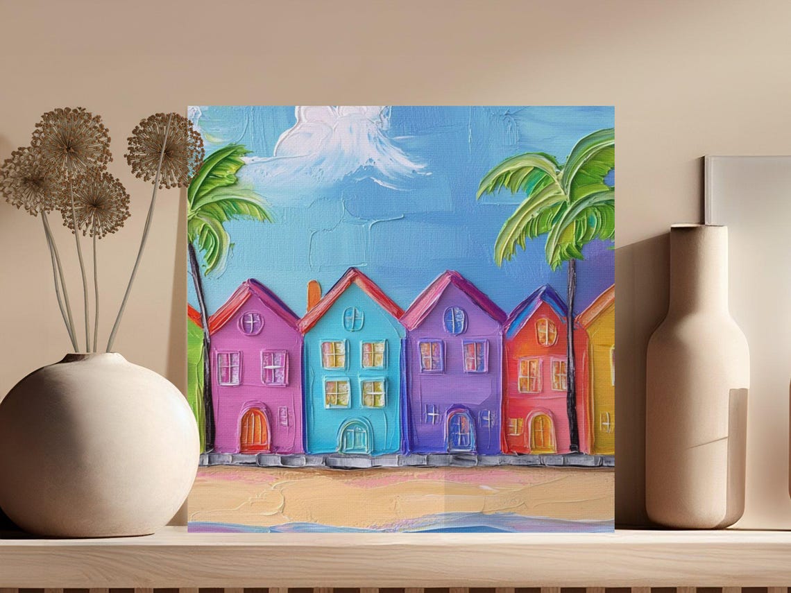 Impasto Rainbow Beach Huts and Palm Trees in Bold Texture Poster - Image 3