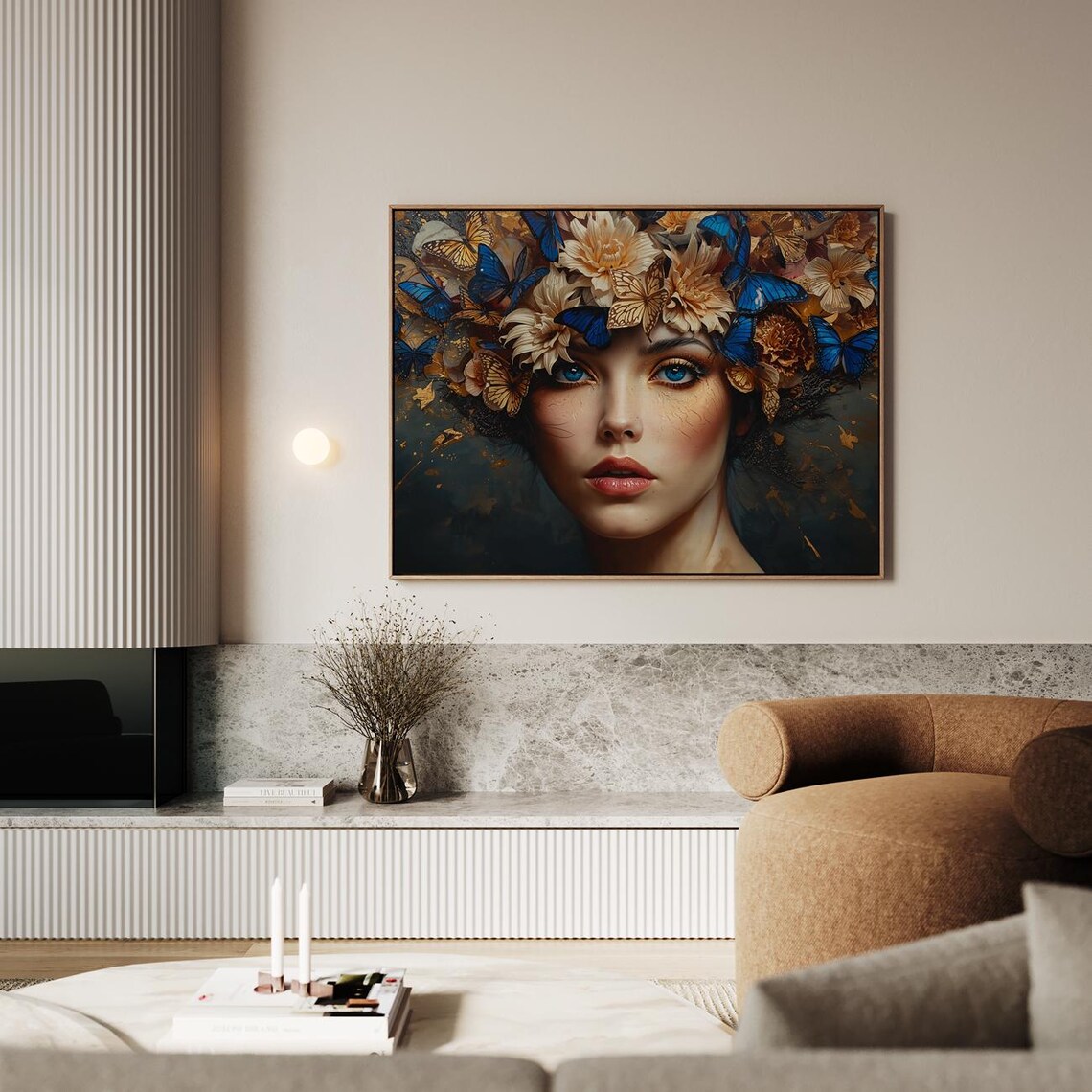 Butterfly Crown Woman Portrait Blue Gold Dreamscape Art Print