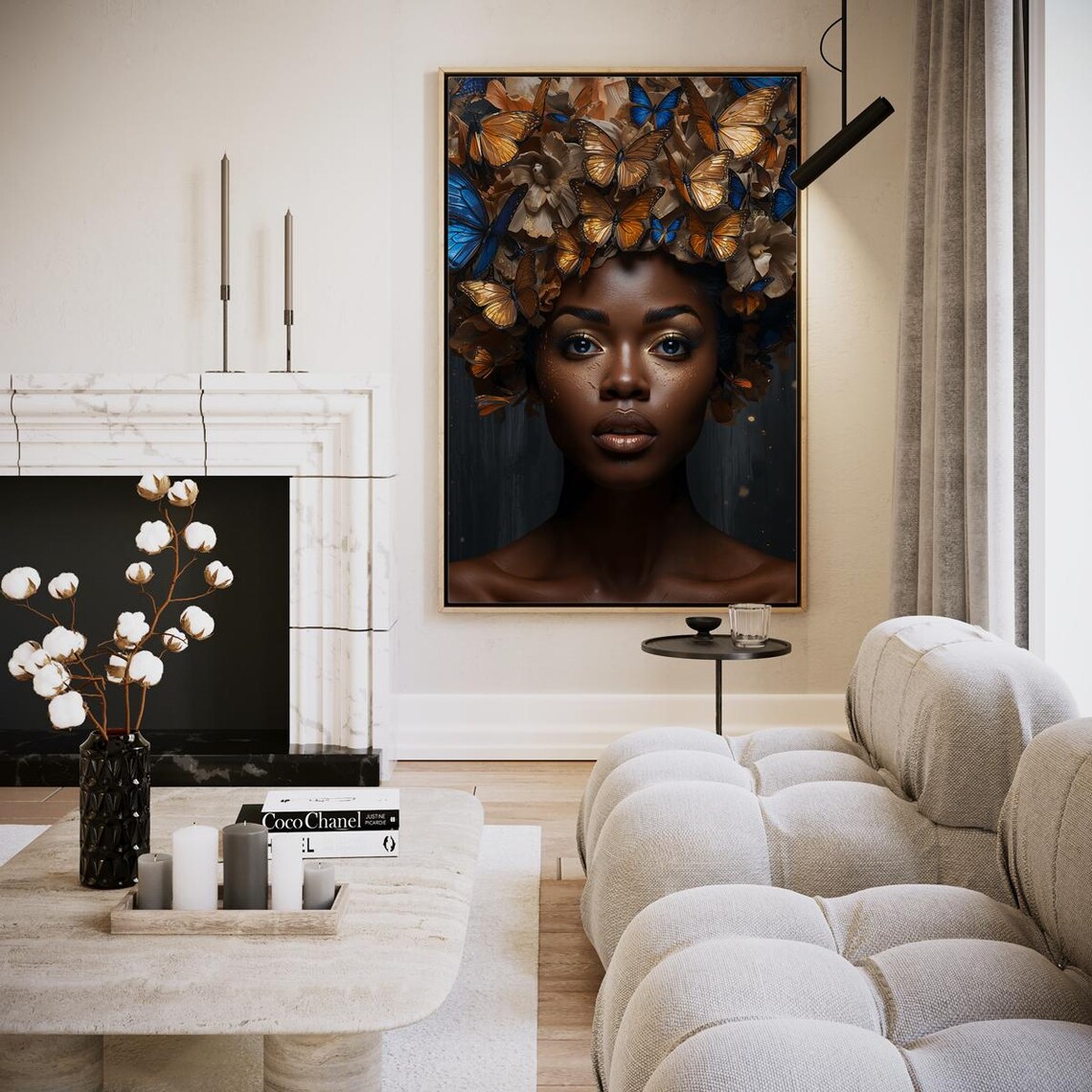 Blue Butterfly Crown Woman Portrait Golden Floral Dark Art Poster