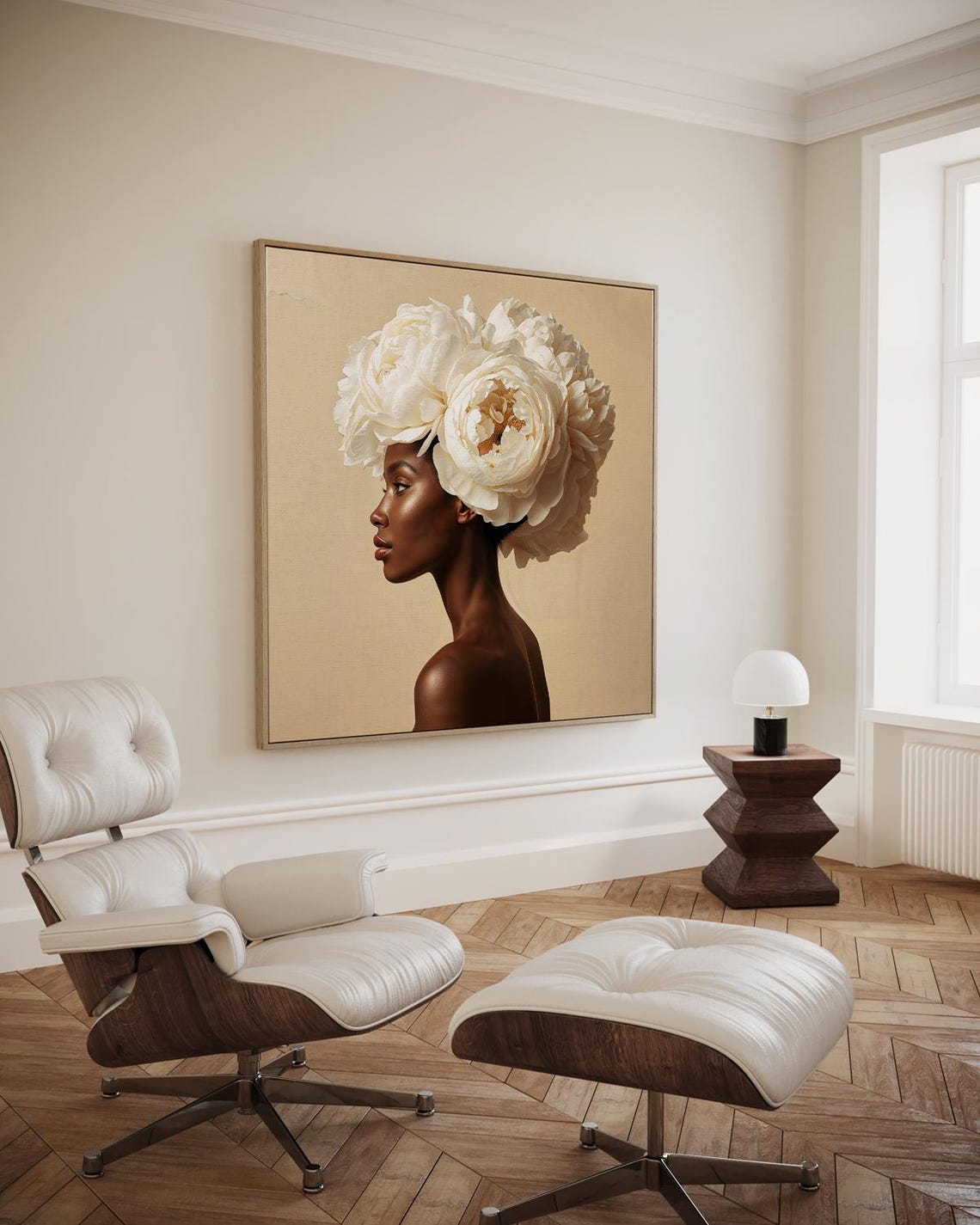 Elegant Woman Ivory Peony Crown Profile Beige Portrait Poster