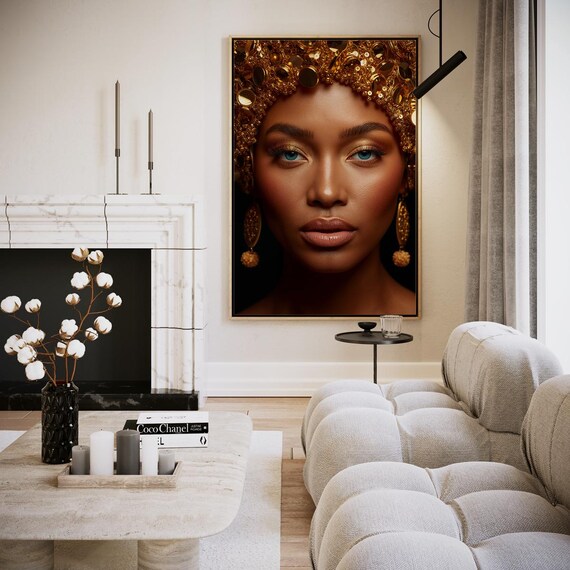 Striking Woman Portrait Gold Coin Crown Blue Eyes Beauty Art Print