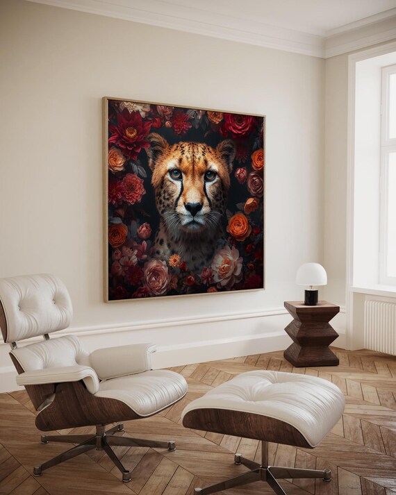 Graceful Cheetah In Floral Splendor Artwork Wall Art