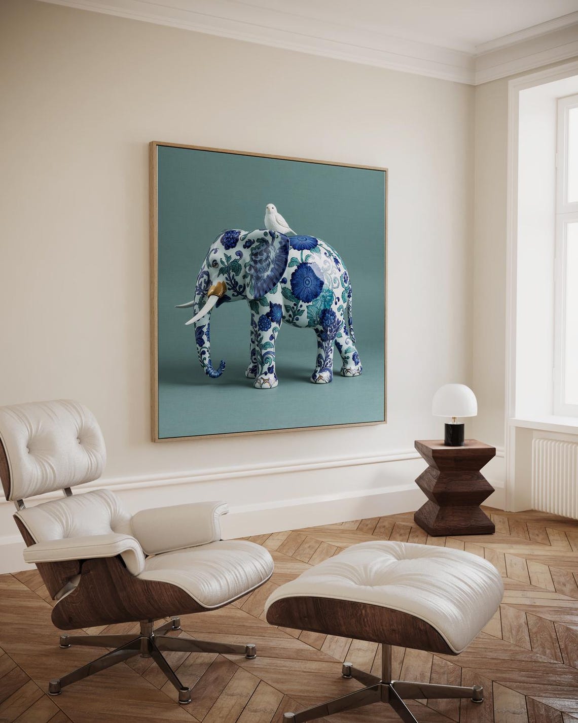 Blue Floral Porcelain Elephant With Bird Botanical Style Poster