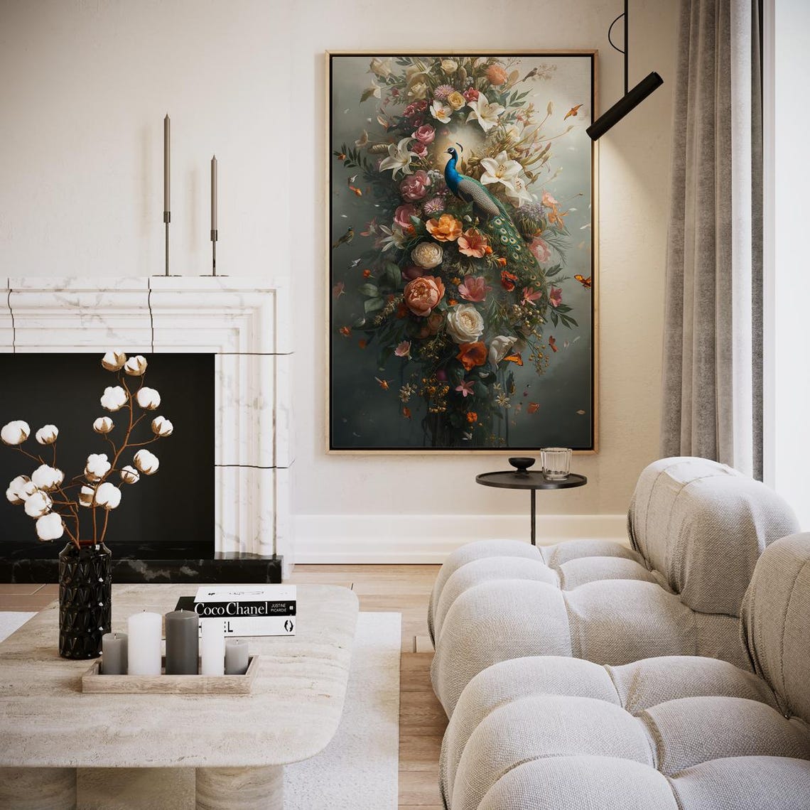Elegant Peacock Among Roses And Lilies Dark Floral Garden Art Print