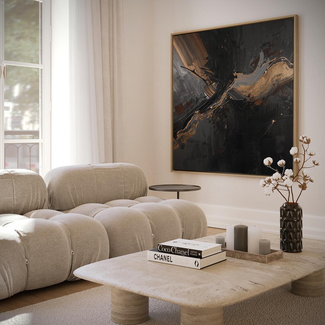 Abstract Black With Coppergold Brushstrokes Luxury Art Print Wall Decor