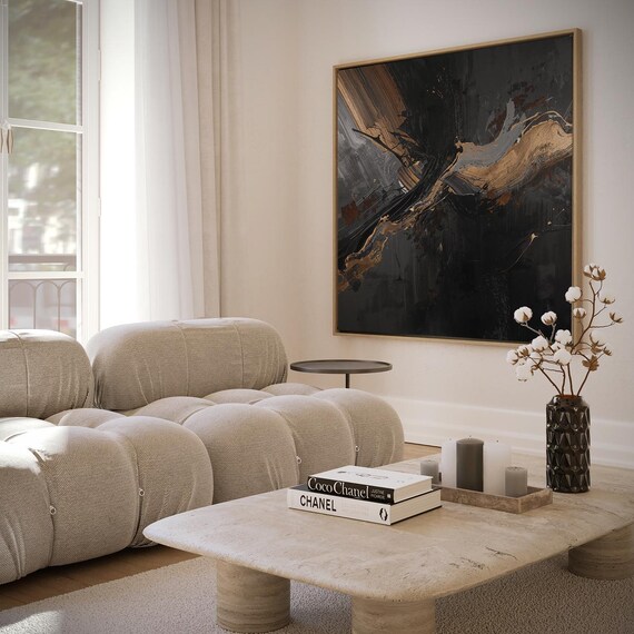 Abstract Black With Coppergold Brushstrokes Luxury Art Print Wall Decor