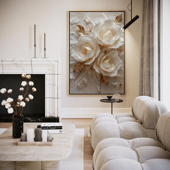 Ivory White Roses with Bronze Leaves Textured Floral Art Poster