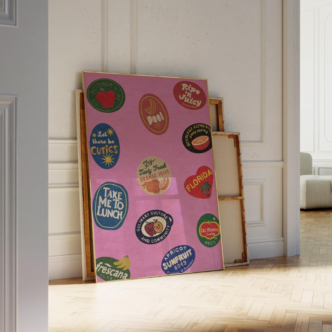 Vintage Fruit Crate Label Stickers Retro Pink Kitchen Art Poster