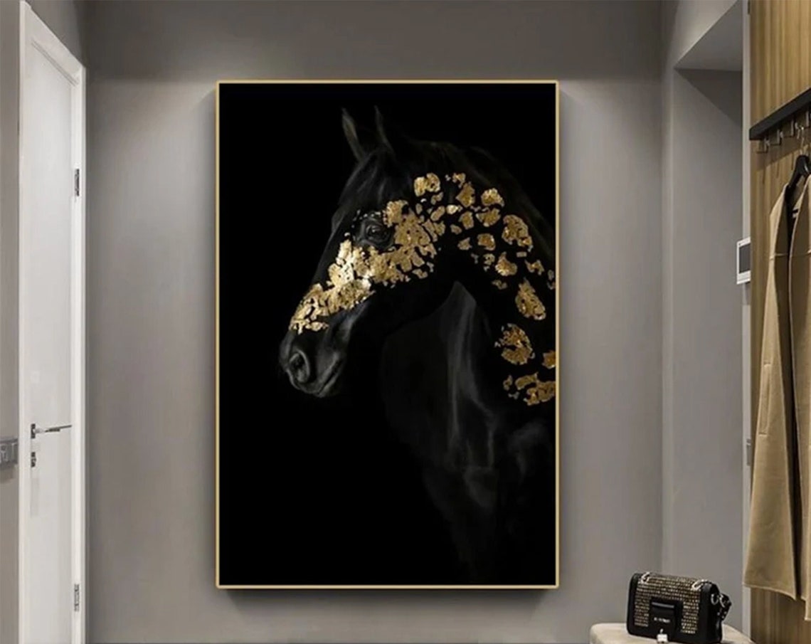 Black Horse Gold Leaf Profile Dark Moody Mysterious Elegant Art Print