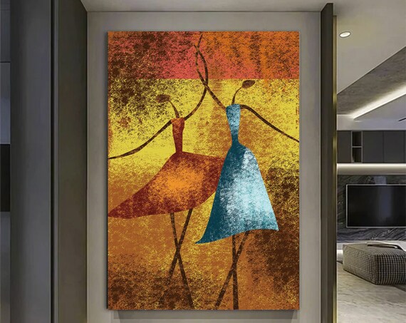 Two Women Dancing Abstract Yellow Blue Vintage Folk Style Poster