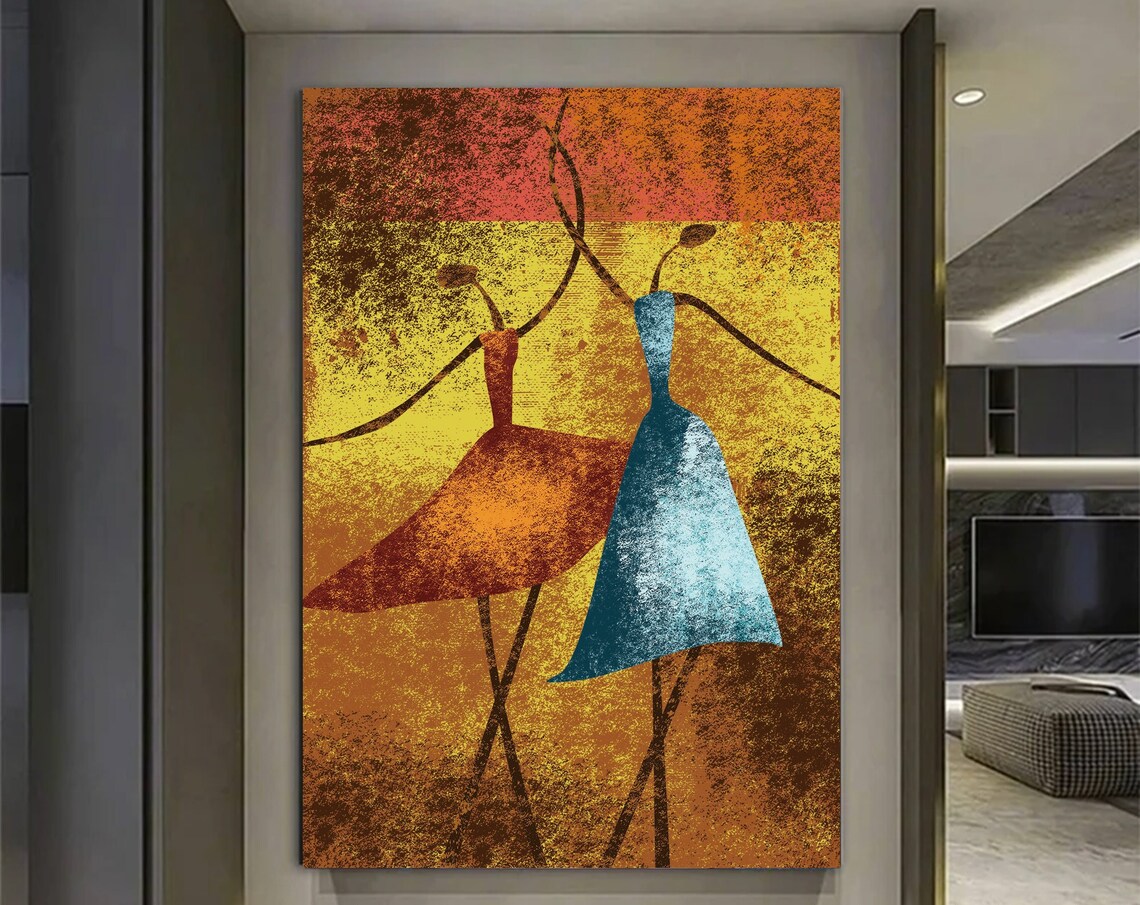 Two Women Dancing Abstract Yellow Blue Vintage Folk Style Poster