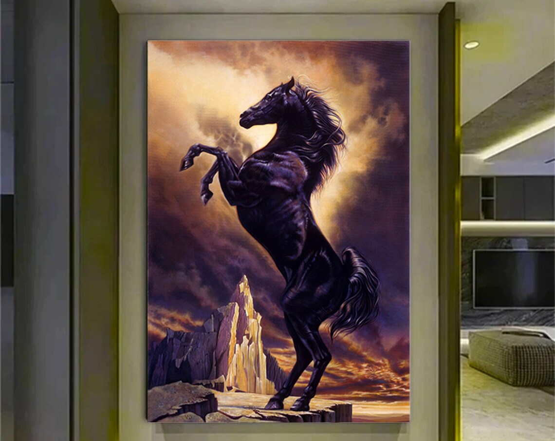 Black Rearing Stallion Dramatic Sunset Sky Wild Horse Art Poster